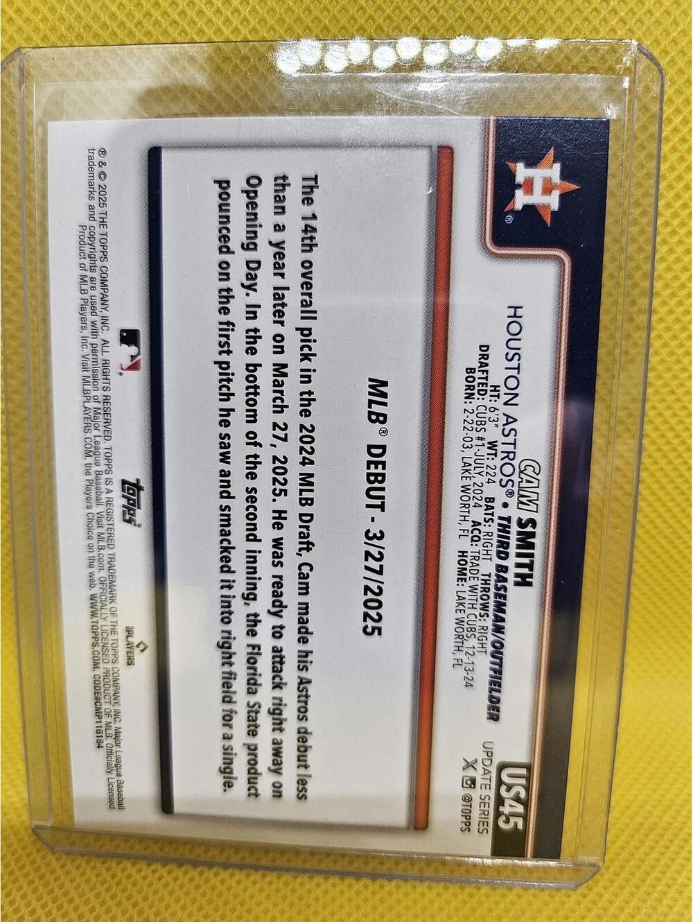 Cam Smith (RC) 2025 Topps Update  #US45 - Astros - RAW Mint - Picture 2 of 2